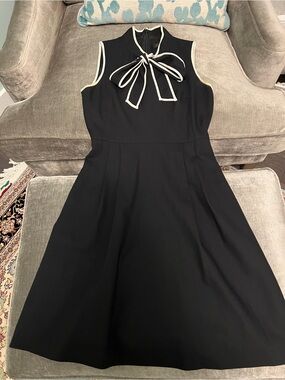 J.Crew Tie-Neck Bow Wool Crepe Flare Dress Black White Size 2